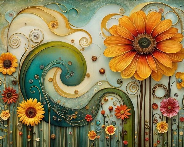Whimsical Artwork with Oversized Sunflowers and Patterns
