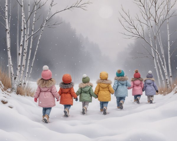 Children Walking in a Snowy Landscape with Trees