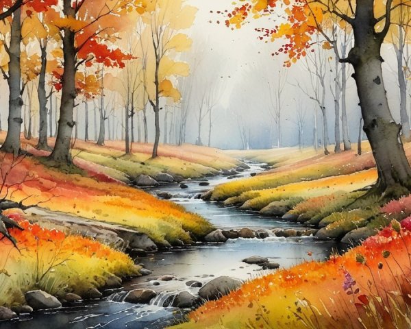 Autumn Landscape with Stream and Colorful Foliage