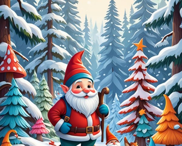 Whimsical Winter Landscape with Santa Claus and Forest Elements