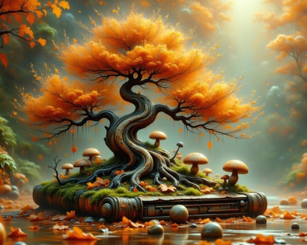 Majestic tree with orange foliage in a serene scene