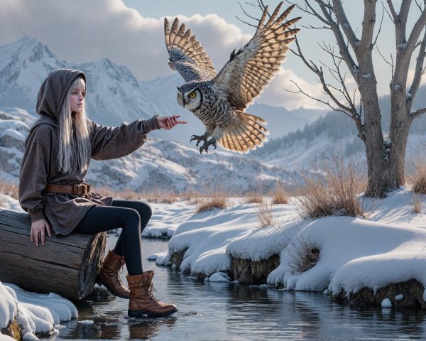 Young girl in cloak by snowy river with owl