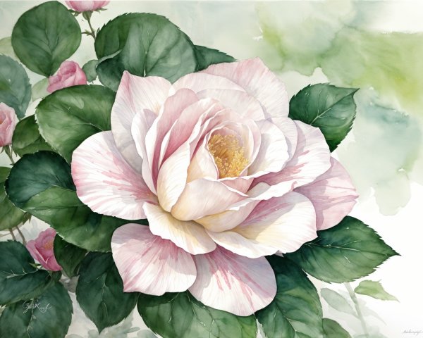 Watercolor Illustration of a Large Pink Rose Bloom