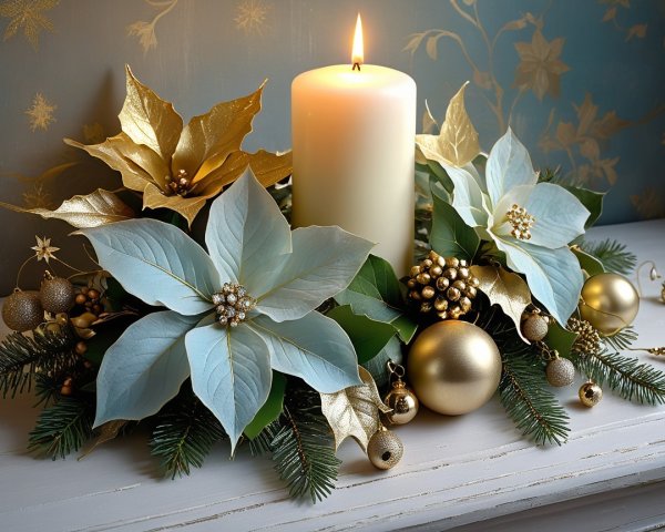 Flat Lay of Christmas Decorations with Candle and Ornaments