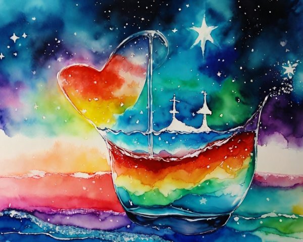 Whimsical Heart-Shaped Boat on Rainbow Ocean Scene