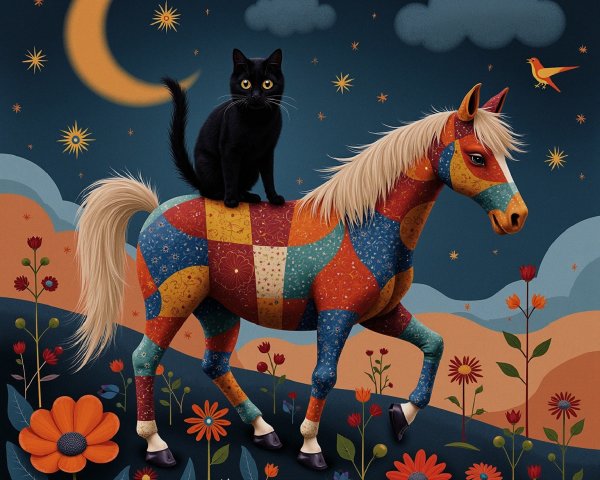 Whimsical Horse and Cat in Colorful Landscape Scene