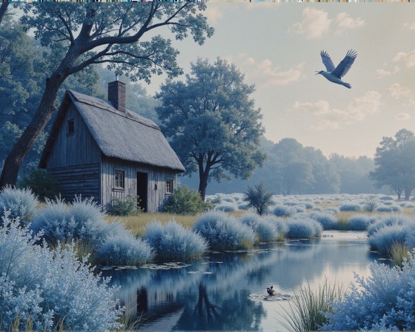 Tranquil Landscape with Cottage and Serene River