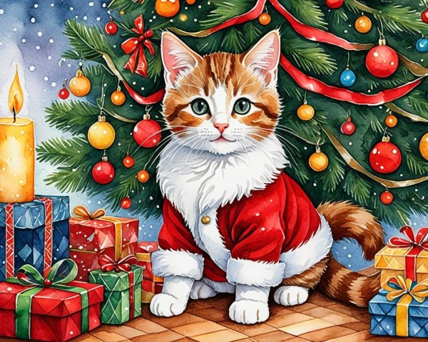 Watercolor Christmas Scene with Tabby Cat in Santa Suit