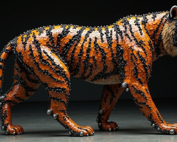 Sculpture of a tiger made from mechanical parts