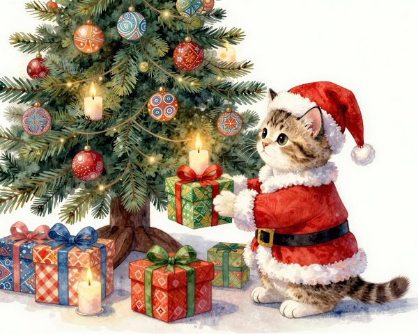 Watercolor of a kitten in Santa suit by a Christmas tree
