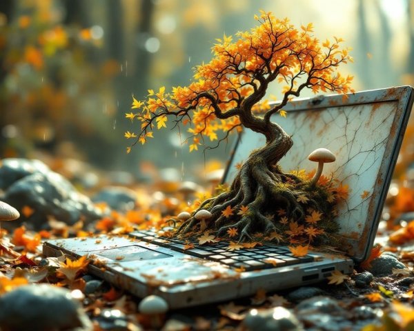 Whimsical Laptop Scene with Autumn Leaves and Tree