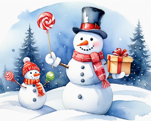 Watercolor Painting of Snowmen in Winter Forest