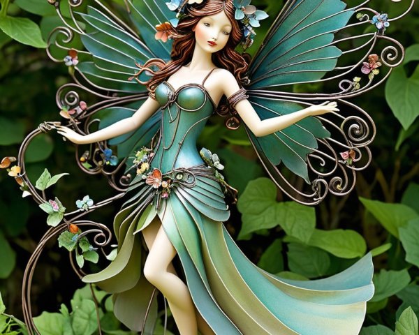 Fairy Figurine with Teal Wings in Lush Greenery