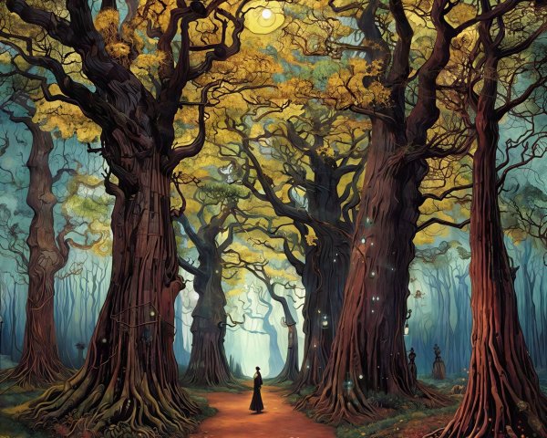 Vibrant Ethereal Forest Scene with Glowing Orbs