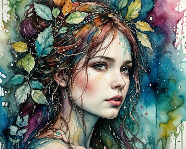 Watercolor Portrait of a Young Woman with Nature Elements
