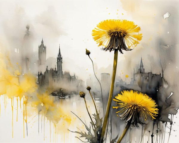 Vibrant Dandelions Against Misty Cityscape Background