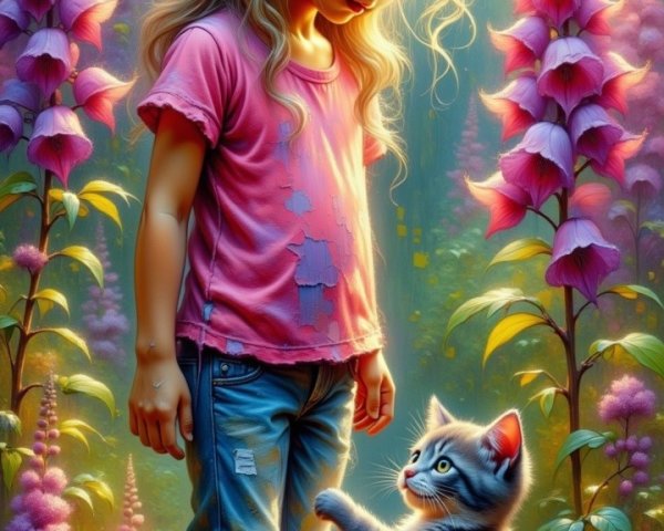 Young girl and kitten in a colorful forest setting