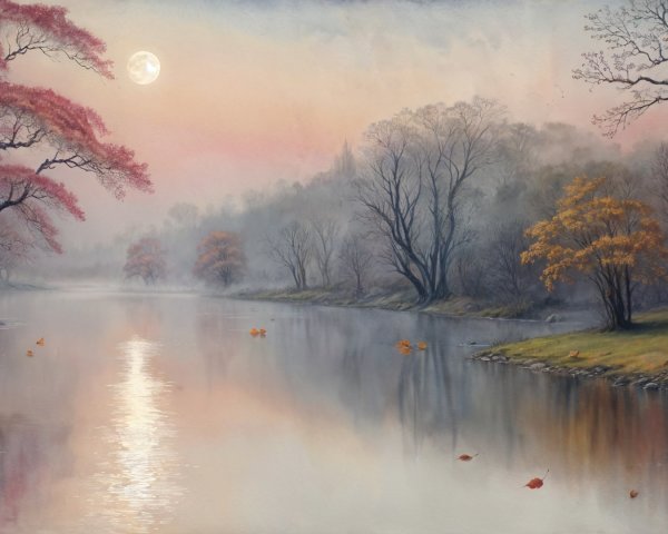 Twilight Landscape with Calm River and Autumn Trees