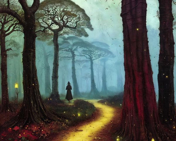 Woman in Black Cloak on Fantasy Forest Path at Night
