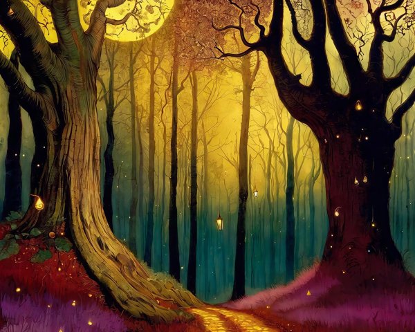 Fairytale Forest Scene with Gnarled Trees and Moonlight