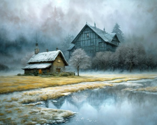 Winter Landscape with Houses and Reflective Pond