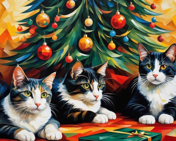 Cats by a Decorated Christmas Tree with Gifts