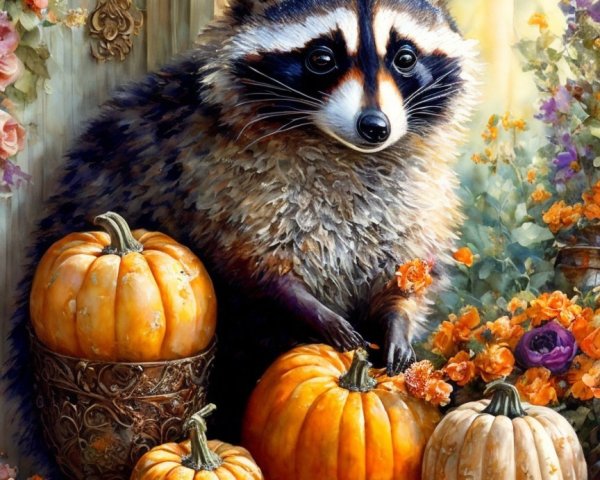 Raccoon with Pumpkins and Floral Autumn Background