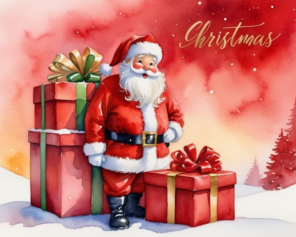Santa Claus with Gift Boxes in Festive Holiday Scene