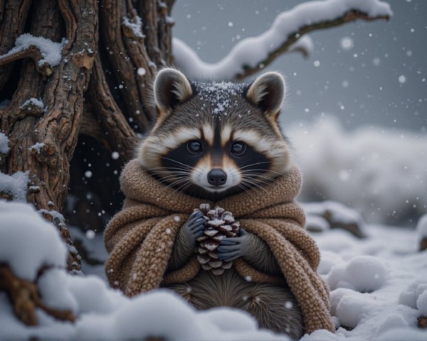 Raccoon in Blanket Surrounded by Snowy Landscape