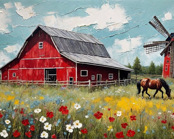Vibrant Barn and Windmill in Idyllic Countryside Scene