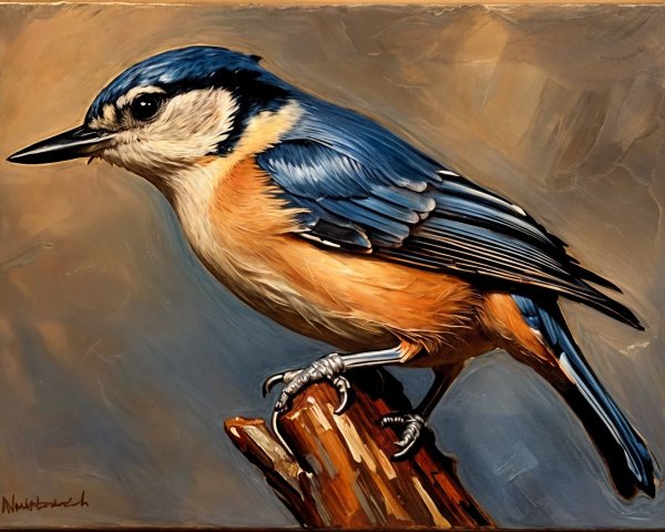 Detailed Painting of a Eurasian Nuthatch on Branch