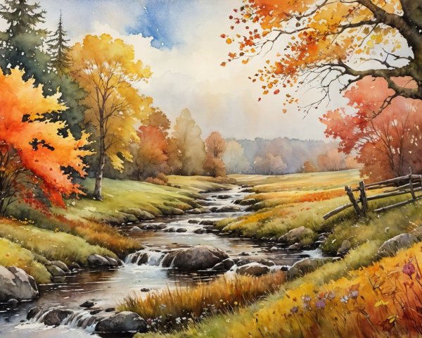 Autumn Landscape with Stream and Vibrant Forest