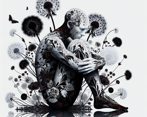Seated Figure with Floral and Dandelion Patterns