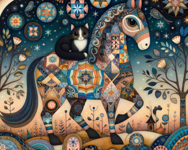 Whimsical Horse and Cat in a Dreamlike Landscape