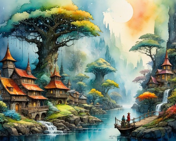 Serene Fantasy Landscape with Waterfalls and Trees