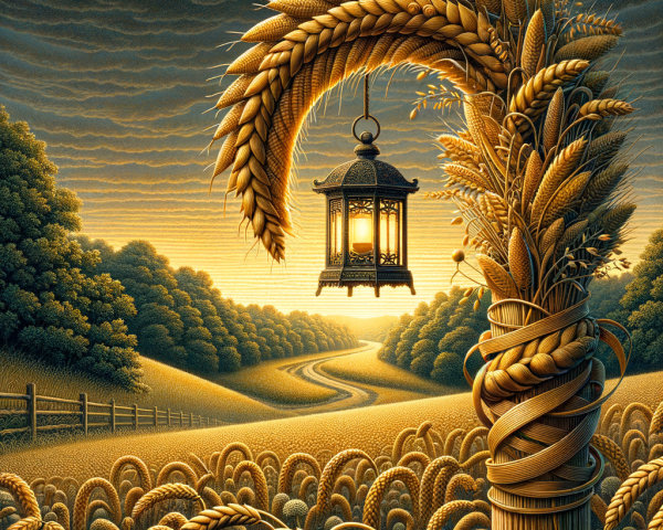 Serene Sunset Landscape with Wheat Field and Lantern
