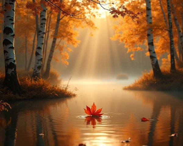 Autumn River Scene with Birch Trees and Maple Leaf