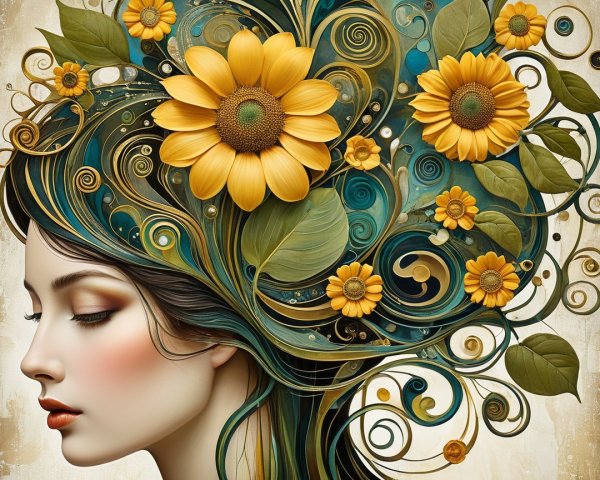 Profile of a woman with flowers and lush leaves