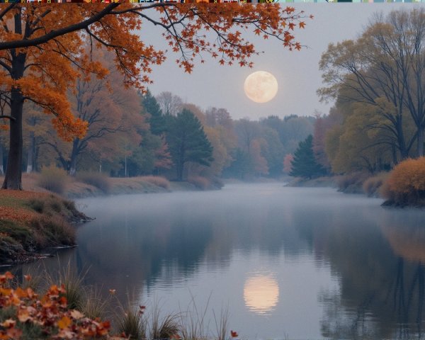 Autumn Landscape with River and Full Moon Reflection
