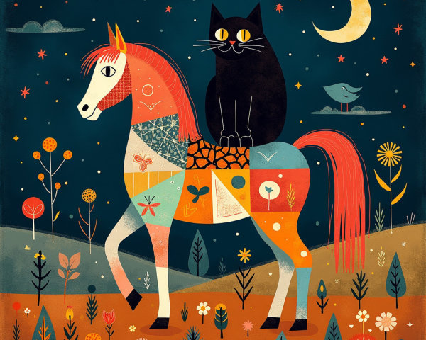 Colorful Patchwork Horse with Cat Under Night Sky