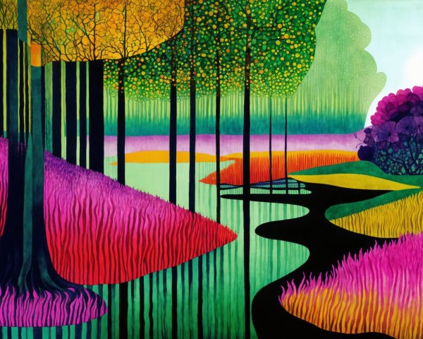 Vibrant Landscape with Stylized Multicolored Foliage
