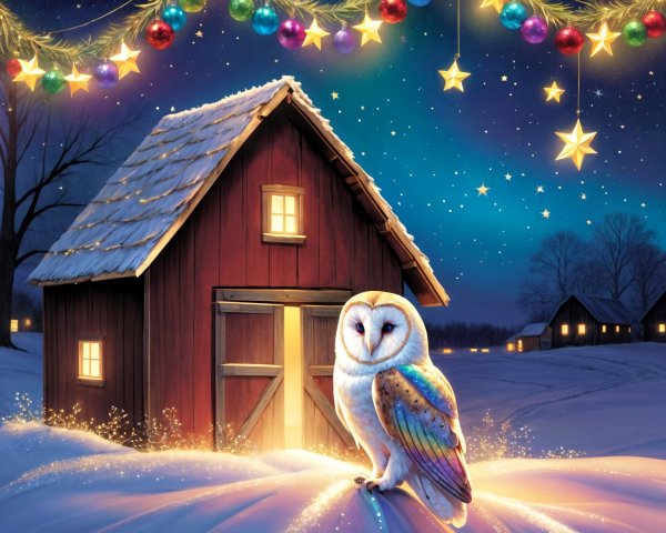 Winter Scene with Barn, Snow, and Starry Sky