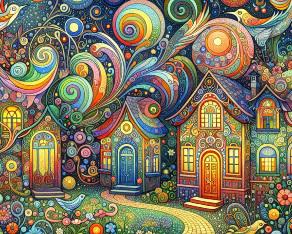 Vibrant Night Scene with Whimsical Houses and Galaxies