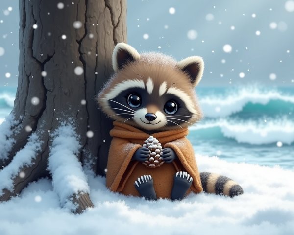 Raccoon in Orange Blanket by Snowy Tree and Ocean