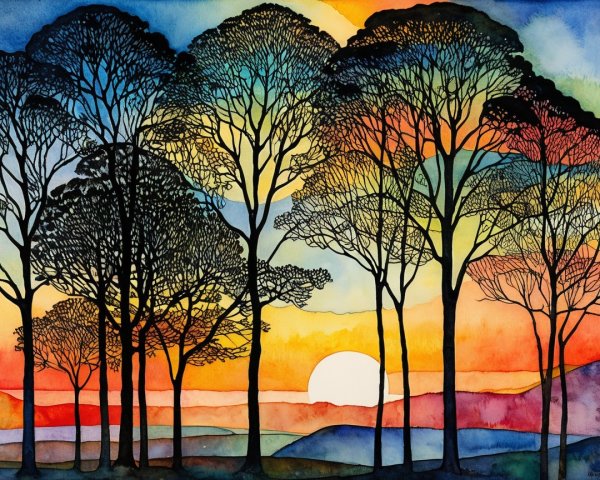 Vibrant Watercolor Landscape with Silhouetted Trees