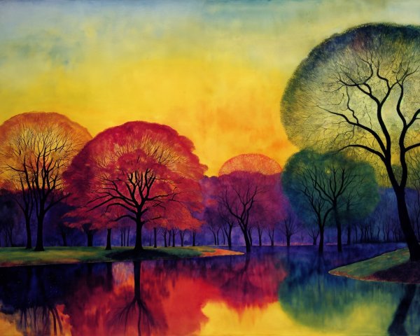 Serene Dusk Landscape with Colorful Foliage Reflections