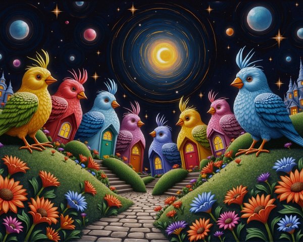 Whimsical Landscape with Colorful Birds and Houses