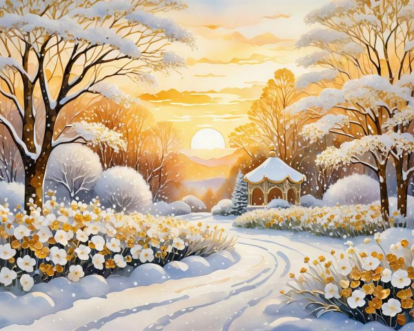 Watercolor Painting of a Snowy Wonderland at Sunrise