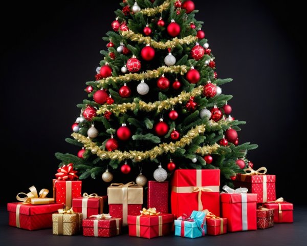 Decorated Christmas Tree with Gifts on Black Background