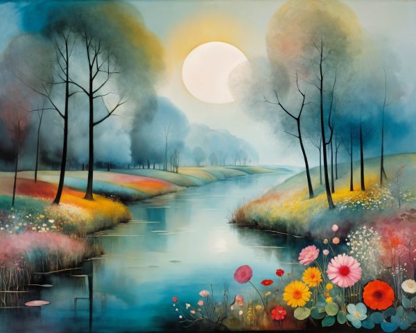 Serene Landscape with River and Lush Greenery